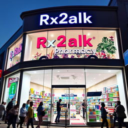 An exterior view of a pharmacy named 'Rx2alk Pharmacy' with a beautiful and large facade