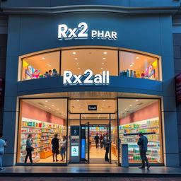 An exterior view of a pharmacy named 'Rx2alk Pharmacy' with a beautiful and large facade