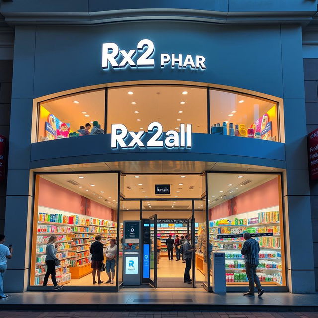 An exterior view of a pharmacy named 'Rx2alk Pharmacy' with a beautiful and large facade
