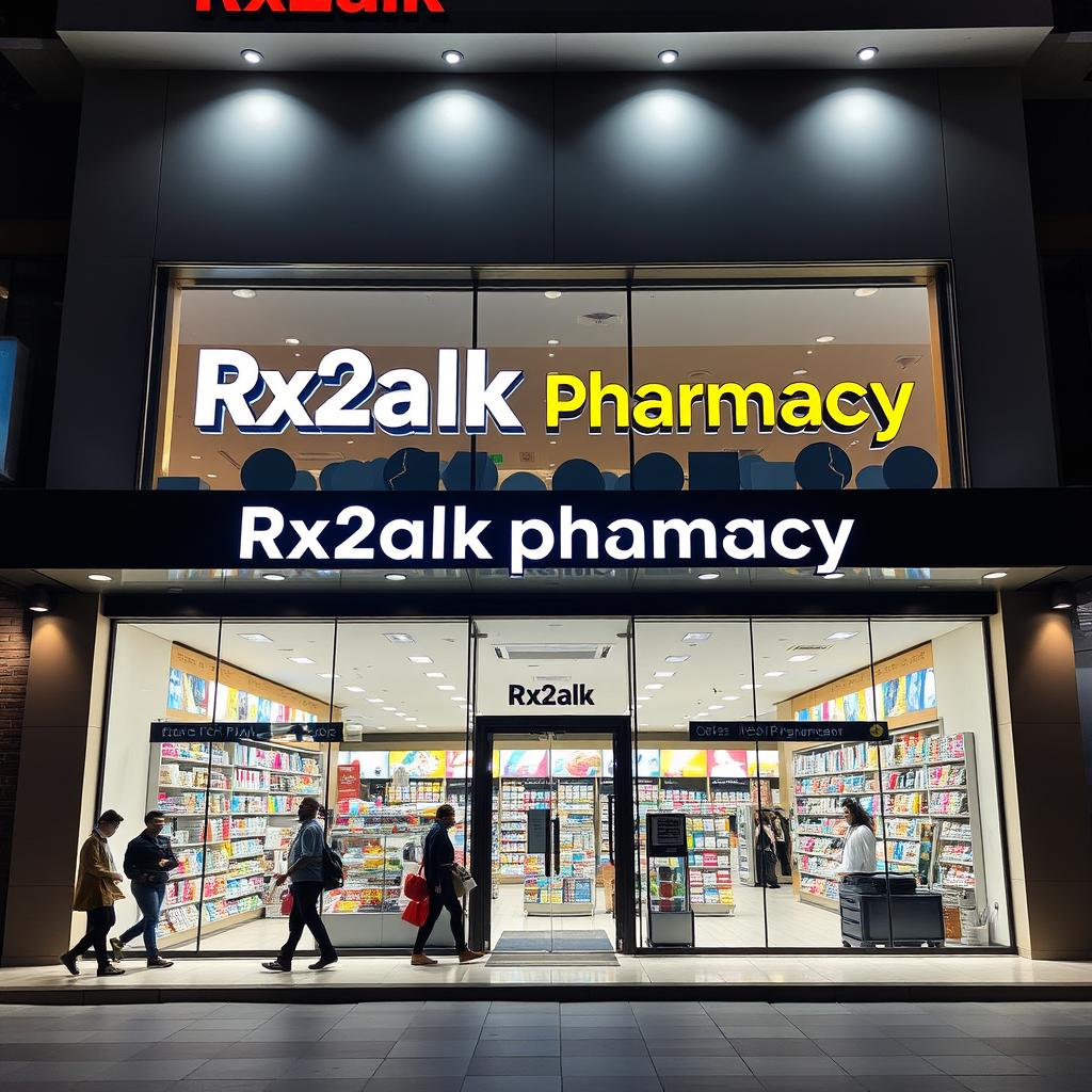 An exterior view of a pharmacy named 'Rx2alk Pharmacy' with a beautiful and large facade