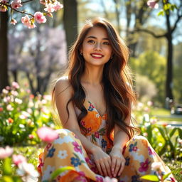 A stunning portrait of a young woman with long flowing hair, sitting in a serene park surrounded by blooming flowers and tall trees