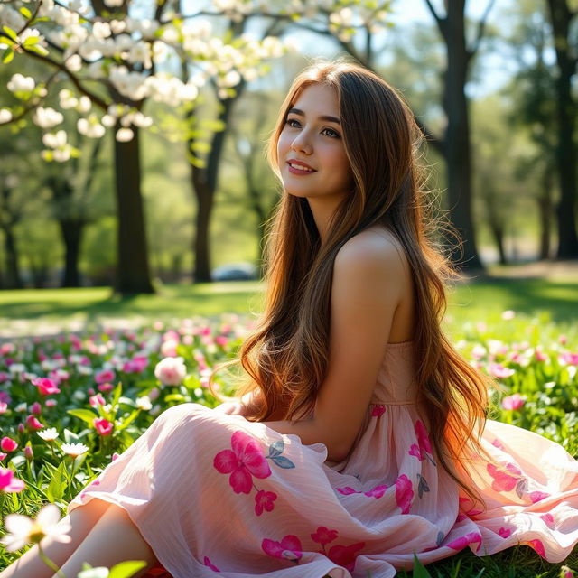 A stunning portrait of a young woman with long flowing hair, sitting in a serene park surrounded by blooming flowers and tall trees