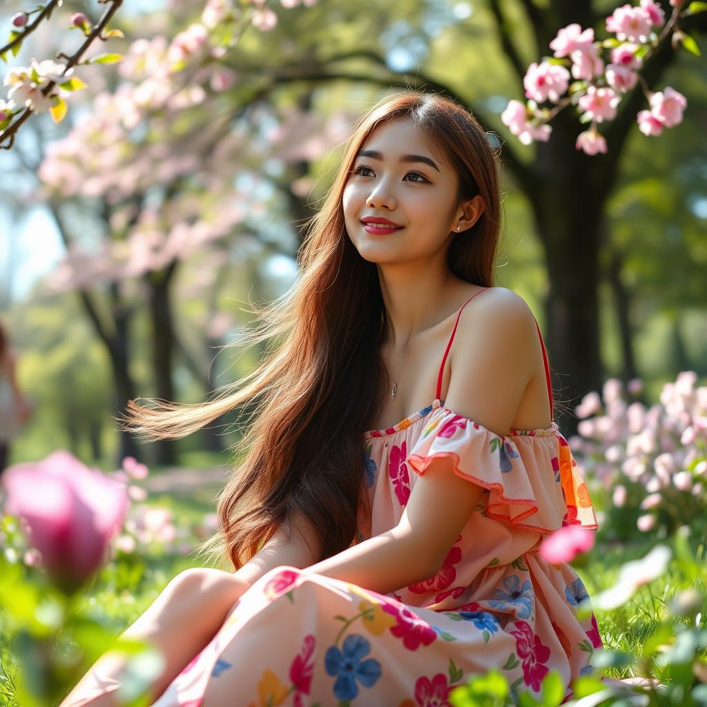 A stunning portrait of a young woman with long flowing hair, sitting in a serene park surrounded by blooming flowers and tall trees