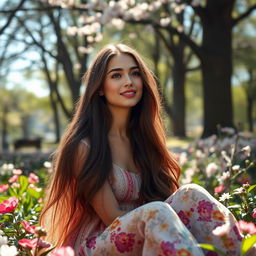 A stunning portrait of a young woman with long flowing hair, sitting in a serene park surrounded by blooming flowers and tall trees