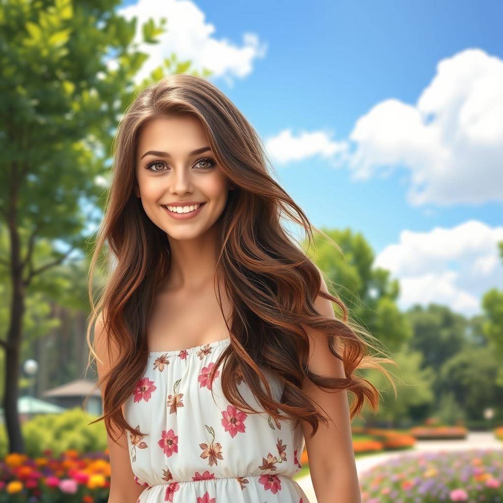 A realistic portrait of a young woman with long, wavy brown hair and warm hazel eyes, wearing a casual white sundress with floral patterns