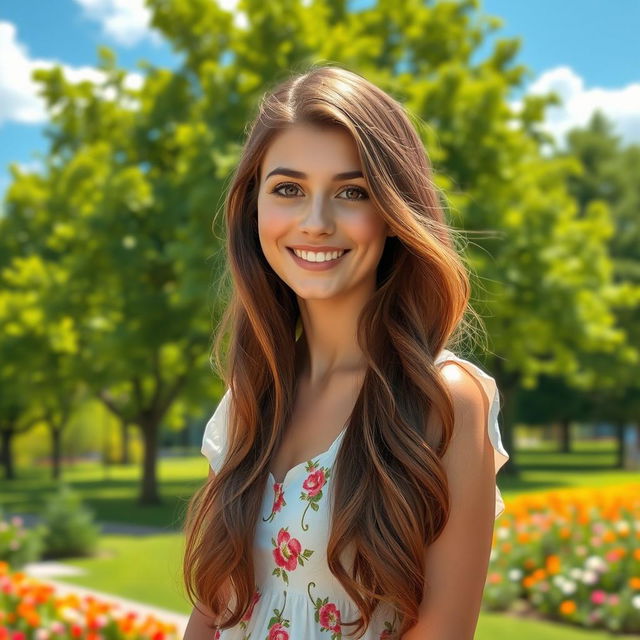 A realistic portrait of a young woman with long, wavy brown hair and warm hazel eyes, wearing a casual white sundress with floral patterns