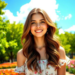 A realistic portrait of a young woman with long, wavy brown hair and warm hazel eyes, wearing a casual white sundress with floral patterns