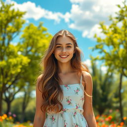 A realistic portrait of a young woman with long, wavy brown hair and warm hazel eyes, wearing a casual white sundress with floral patterns