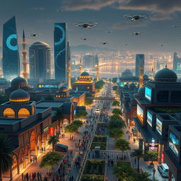A futuristic view of Damascus in the year 2050, showcasing a blend of modern architecture and historical landmarks