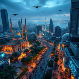 A futuristic view of Damascus in the year 2050, showcasing a blend of modern architecture and historical landmarks