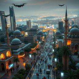 A futuristic view of Damascus in the year 2050, showcasing a blend of modern architecture and historical landmarks