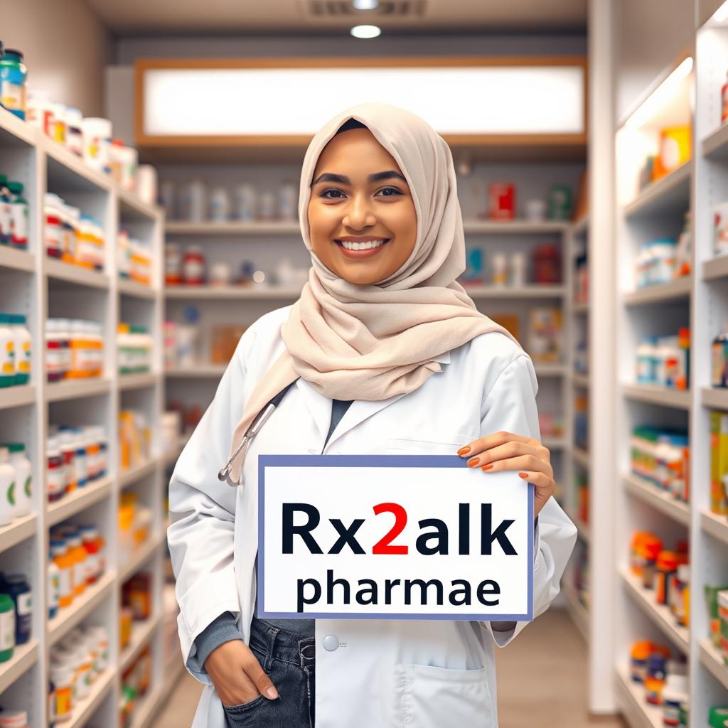 A beautiful white pharmacist wearing a hijab, smiling warmly, holding a sign that reads 'Rx2alk pharma'