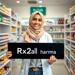 A beautiful white pharmacist wearing a hijab, smiling warmly, holding a sign that reads 'Rx2alk pharma'