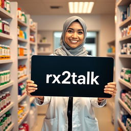 A beautiful white pharmacist wearing a hijab, smiling warmly, holding a sign that reads 'Rx2alk pharma'