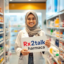 A beautiful white pharmacist wearing a hijab, smiling warmly, holding a sign that reads 'Rx2alk pharma'