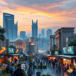A futuristic vision of Damascus, showcasing a blend of traditional architecture and advanced technology