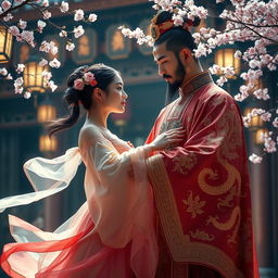 A captivating and romantic scene depicting an ancient Chinese emperor adorned in ornate, flowing robes, featuring intricate gold embroidery and a majestic dragon emblem
