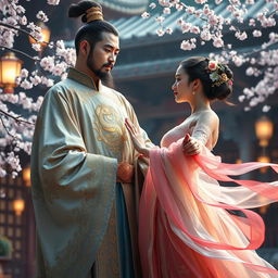 A captivating and romantic scene depicting an ancient Chinese emperor adorned in ornate, flowing robes, featuring intricate gold embroidery and a majestic dragon emblem