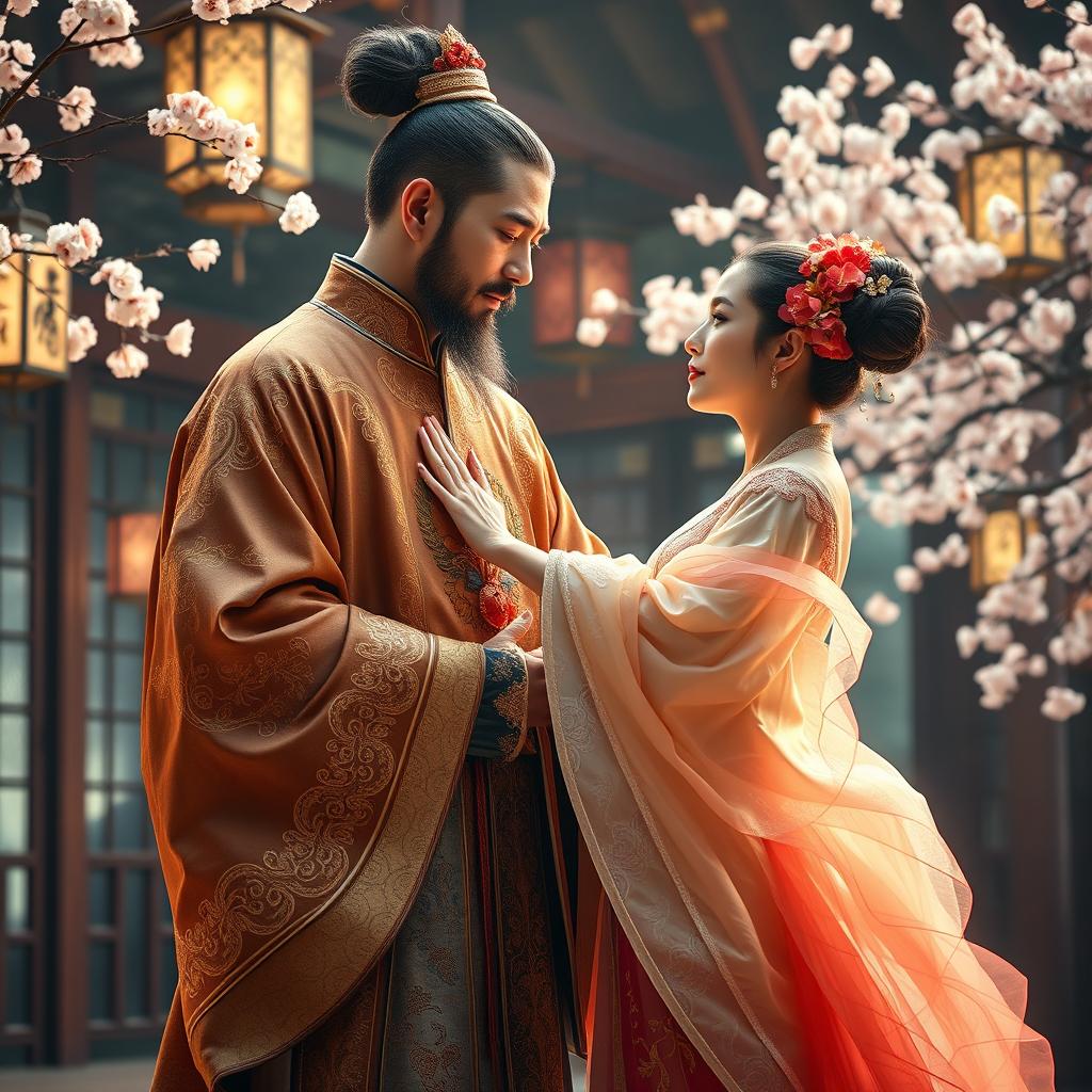 A captivating and romantic scene depicting an ancient Chinese emperor adorned in ornate, flowing robes, featuring intricate gold embroidery and a majestic dragon emblem