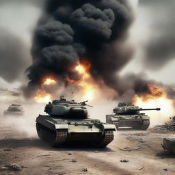 A high-resolution digital art image portraying a World War II tank battle in a realistic style