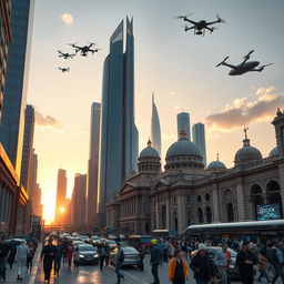 A futuristic view of Damascus in the year 2050, featuring a blend of ancient architecture and advanced technology