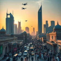 A futuristic view of Damascus in the year 2050, featuring a blend of ancient architecture and advanced technology