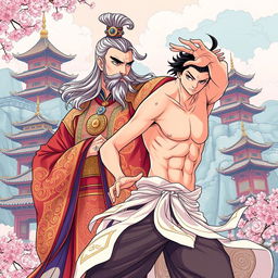 A dynamic comic cover illustration in an anime style featuring an ancient Chinese emperor and a male dancer