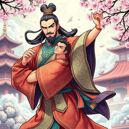 A dynamic comic cover illustration in an anime style featuring an ancient Chinese emperor and a male dancer