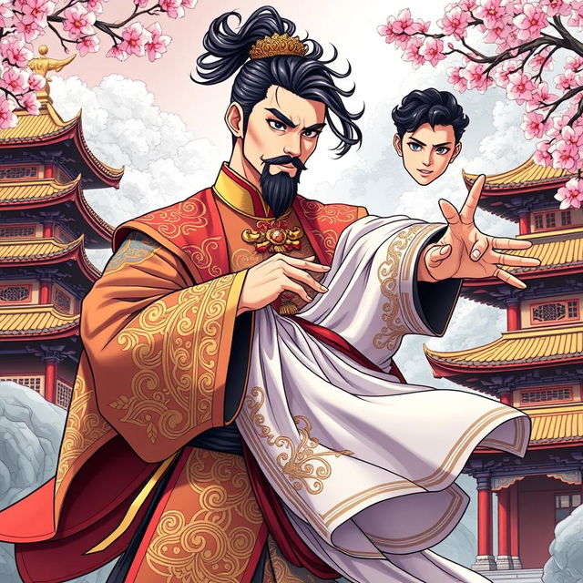 A dynamic comic cover illustration in an anime style featuring an ancient Chinese emperor and a male dancer