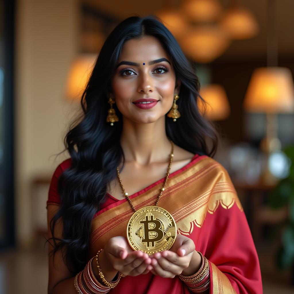 An Indian woman with long, flowing hair, dressed in elegant traditional attire, such as a colorful saree