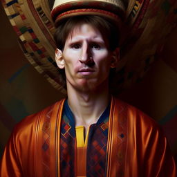 Generate an image of Lionel Messi imagined as being born and raised in Central Asia, with traditional attire, features and background reflecting regional aesthetics