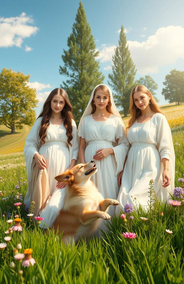 A serene countryside scene featuring three virgin women, each with unique attributes and expressions that convey purity and grace