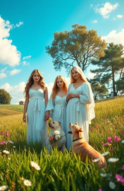 A serene countryside scene featuring three virgin women, each with unique attributes and expressions that convey purity and grace