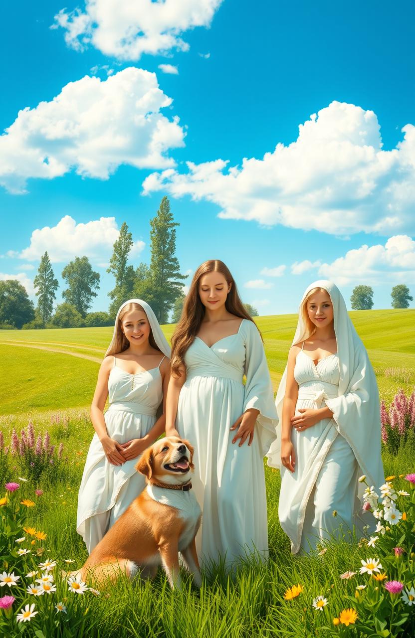 A serene countryside scene featuring three virgin women, each with unique attributes and expressions that convey purity and grace