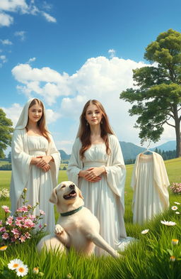 A serene countryside scene featuring three virgin women, each with unique attributes and expressions that convey purity and grace