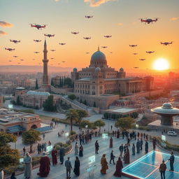 A futuristic view of Aleppo in 2050, showcasing a blend of ancient architecture and modern technology