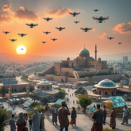 A futuristic view of Aleppo in 2050, showcasing a blend of ancient architecture and modern technology