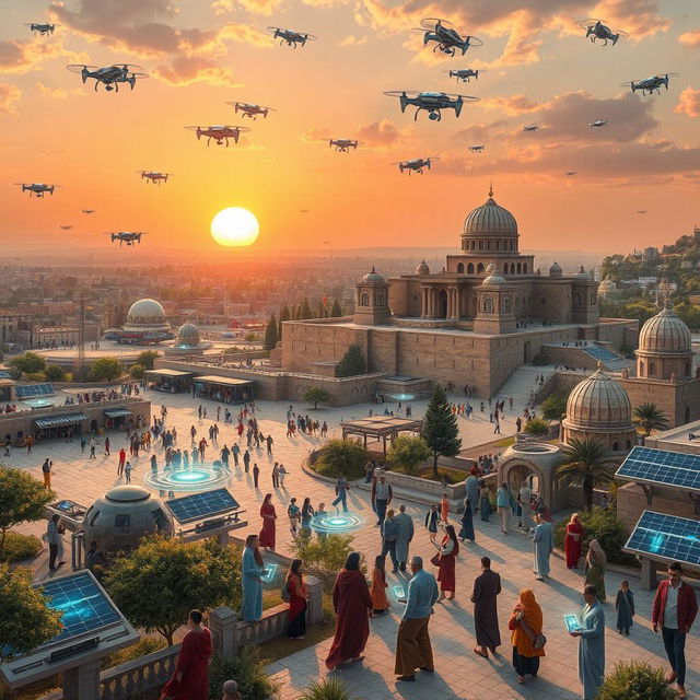 A futuristic view of Aleppo in 2050, showcasing a blend of ancient architecture and modern technology