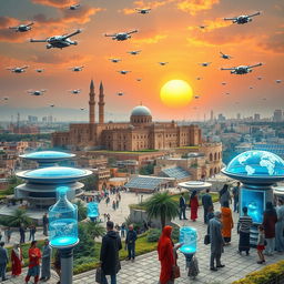 A futuristic view of Aleppo in 2050, showcasing a blend of ancient architecture and modern technology