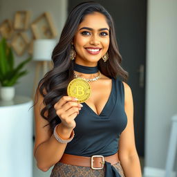 An alluring Indian woman wearing a stylish and beautiful outfit, with elegant accessories, confidently holding a physical Bitcoin in her hand