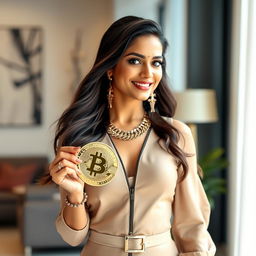 An alluring Indian woman wearing a stylish and beautiful outfit, with elegant accessories, confidently holding a physical Bitcoin in her hand