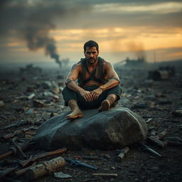 A resilient man sitting on a large rock in the middle of a dramatic battlefield, surrounded by the remnants of war such as broken weapons and scattered debris