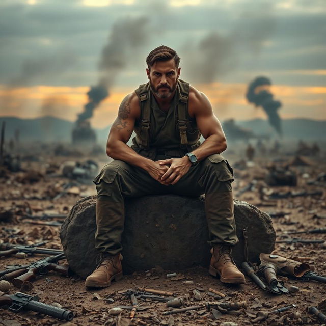 A resilient man sitting on a large rock in the middle of a dramatic battlefield, surrounded by the remnants of war such as broken weapons and scattered debris