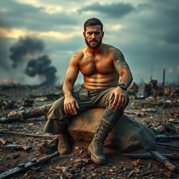 A resilient man sitting on a large rock in the middle of a dramatic battlefield, surrounded by the remnants of war such as broken weapons and scattered debris
