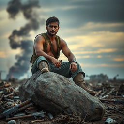 A resilient man sitting on a large rock in the middle of a dramatic battlefield, surrounded by the remnants of war such as broken weapons and scattered debris