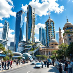 A futuristic and vibrant cityscape of Aleppo in the year 2050, showcasing advanced architecture with towering skyscrapers, renewable energy structures, and lush vertical gardens integrated into buildings