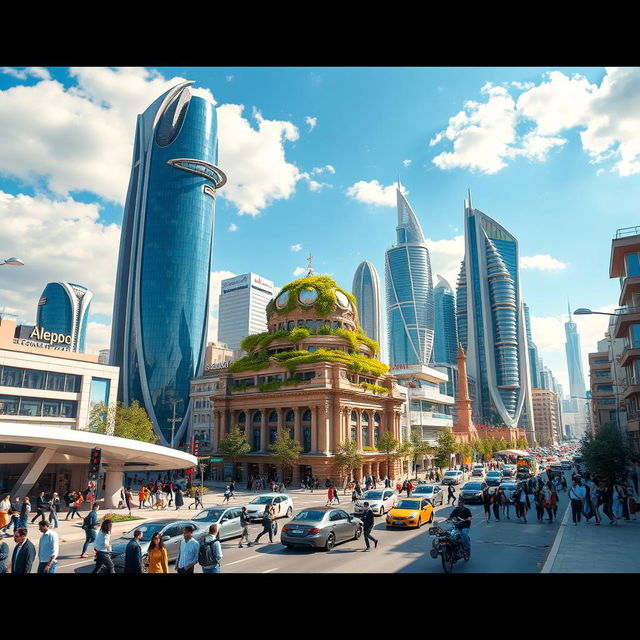 A futuristic and vibrant cityscape of Aleppo in the year 2050, showcasing advanced architecture with towering skyscrapers, renewable energy structures, and lush vertical gardens integrated into buildings