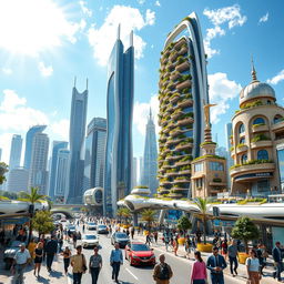 A futuristic and vibrant cityscape of Aleppo in the year 2050, showcasing advanced architecture with towering skyscrapers, renewable energy structures, and lush vertical gardens integrated into buildings