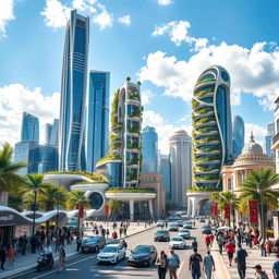 A futuristic and vibrant cityscape of Aleppo in the year 2050, showcasing advanced architecture with towering skyscrapers, renewable energy structures, and lush vertical gardens integrated into buildings