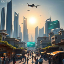 A futuristic scene depicting the city of Idlib in the year 2050, showcasing advanced architecture blending with remnants of traditional Syrian structures